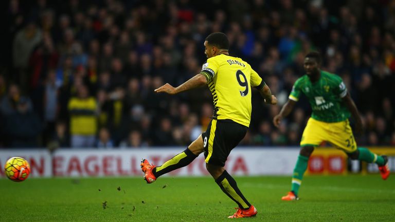 Deeney of Watford scores his team's first goal from the penalty spot 