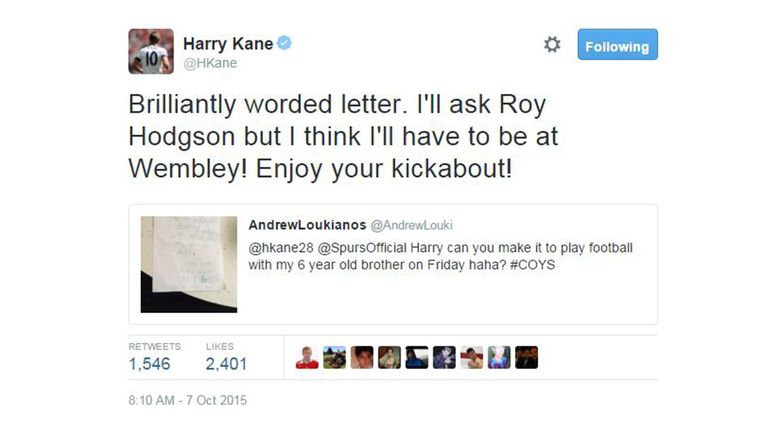 Tweet 5: Harry Kane accepts an invitation to have a kick-about with a six-year-old fan