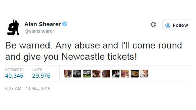 Tweet 6: Alan Shearer joins Twitter and immediately warns users he'll respond to abuse by delivering Newcastle tickets