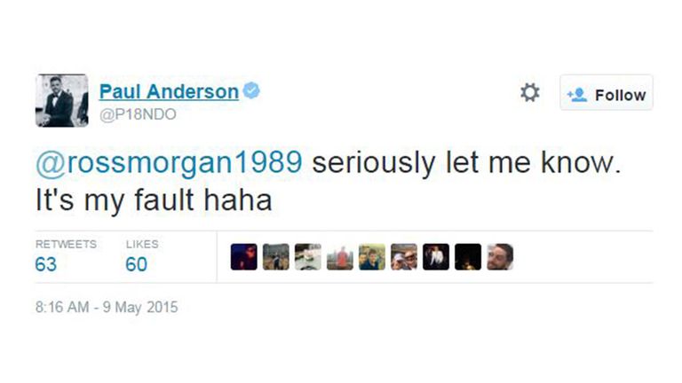 Tweet 4: Paul Anderson offered to pay for repairs to an Ipswich fan's ceiling after the fan punched a hole celebrating Anderson's goal against Norwich