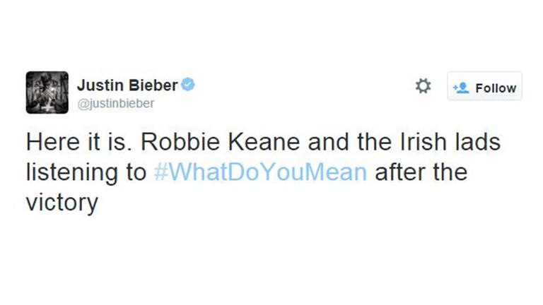 Tweet 2: Robbie Keane and the Republic of Ireland listen to Justin Bieber after beating Germany