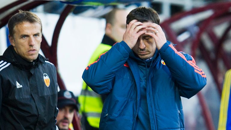 Valencia boss Gary Neville puts his head in his hands in frustration