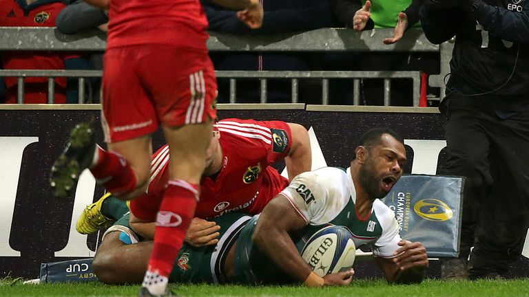 Leicester's Vereniki Goneva scores a try.