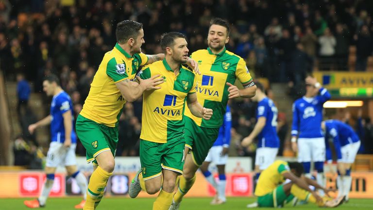 Wes Hoolahan celebrates scoring with his team mates Robbie Brady and Russel Martin
