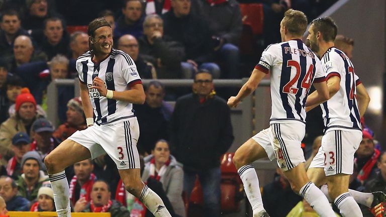 West Brom's Jonas Olsson celebrates after scoring