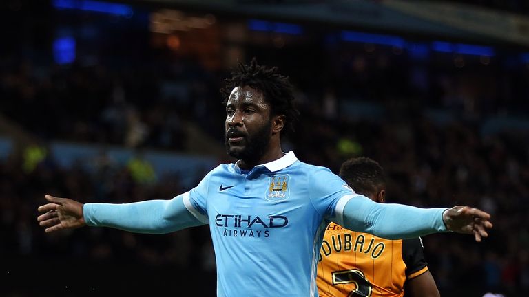 Wilfried Bony celebrates after opening the scoring for Man City against Hull