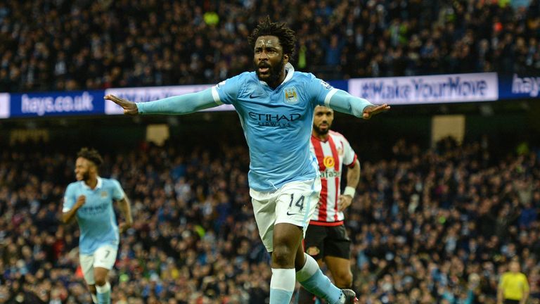 Wilfried Bony celebrates scoring Manchester City's third goal against Sunderland