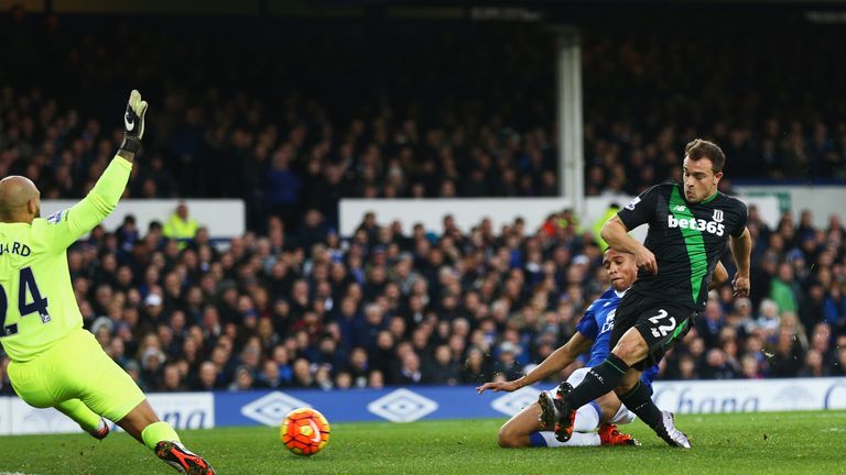 Xherdan Shaqiri of Stoke City scores his team's first goal during against Everton