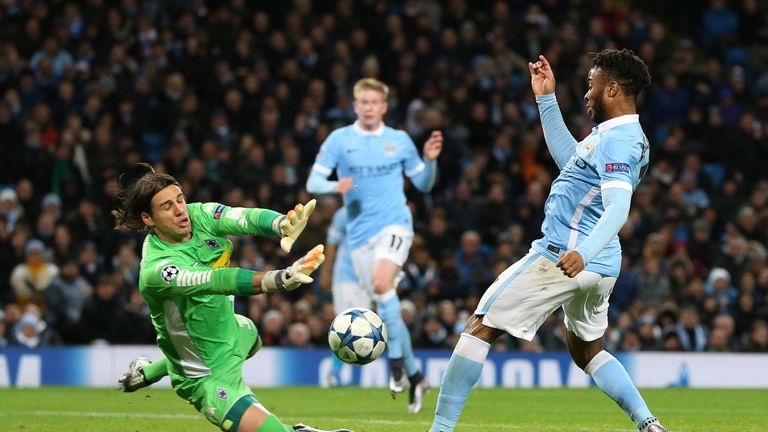Borussia Monchengladbach's Yann Sommer saves an attempt by Manchester City's Raheem Sterling, Champions League