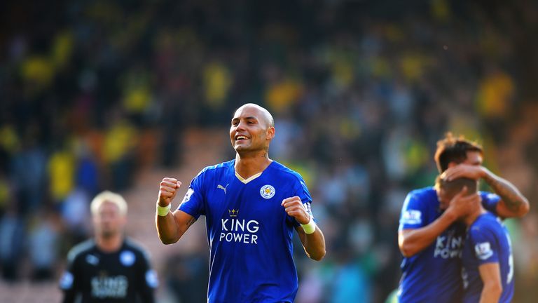 Yohan Benalouane of Leicester City celebrates his team's 2-1 win against Norwich City 