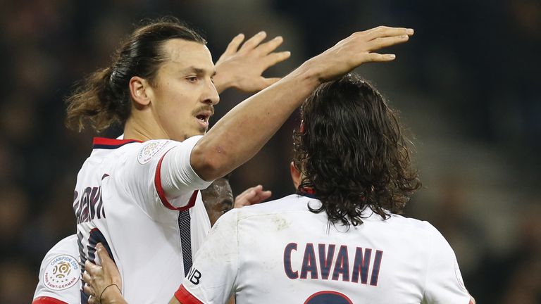 Zlatan Ibrahimovic celebrates with Edinson Cavani  