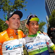 Simon Gerrans (left) and Caleb Ewan (right) celebrate their success at the Santos Tour Down Under