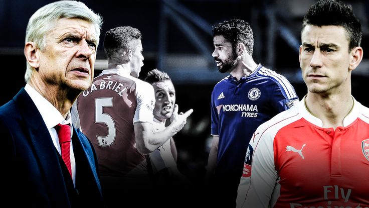 Arsene Wenger, Gabriel, Santi Cazorla, Diego Costa and Laurent Koscielny ahead of Arsenal v Chelsea on Super Sunday