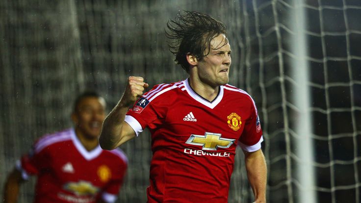 Daley Blind of Manchester United celebrates as he scores their second goal 