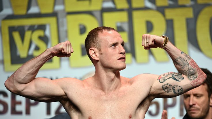 LAS VEGAS, NV - SEPTEMBER 11:  nBoxer George Groves poses on the scale during his official weigh-in at MGM Grand Garden Arena on September 11, 2015 in Las 