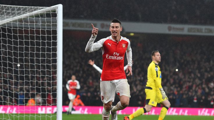 Laurent Koscielny celebrates scoring Arsenal's first goal during the match against Newcastle United