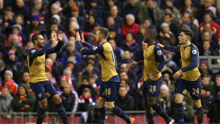 Aaron Ramsey (second left) celebrates scoring Arsenal's first goal