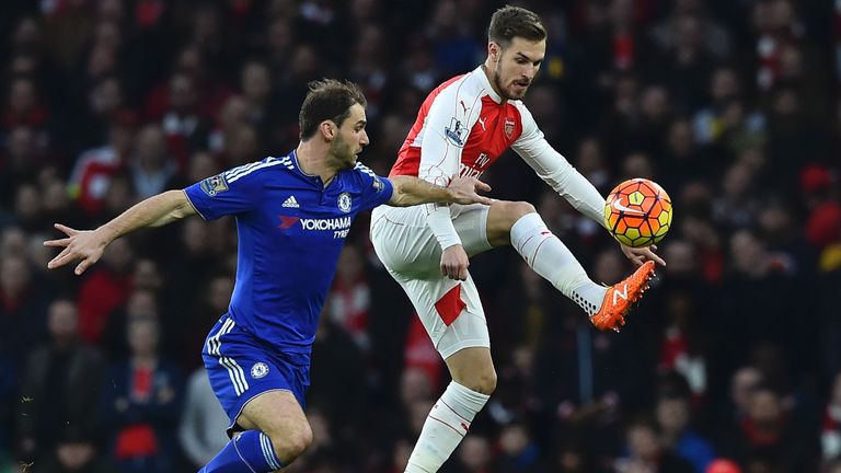 Aaron Ramsey vies with Chelsea defender Branislav Ivanovic 