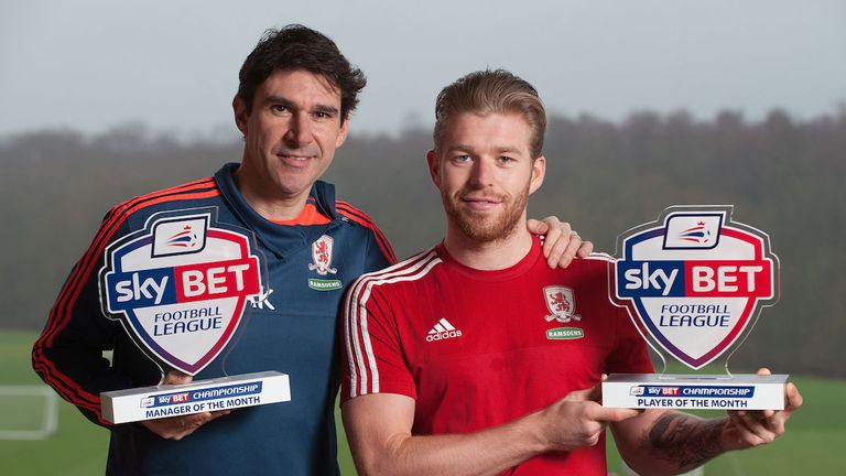 Middlesbrough boss Aitor Karanka and midfielder Adam Clayton with their December awards