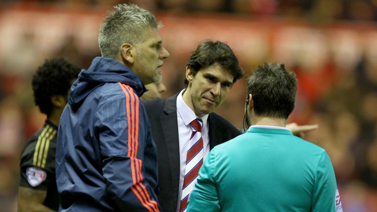 Middlesbrough manager Aitor Karanka has words with the linesman 