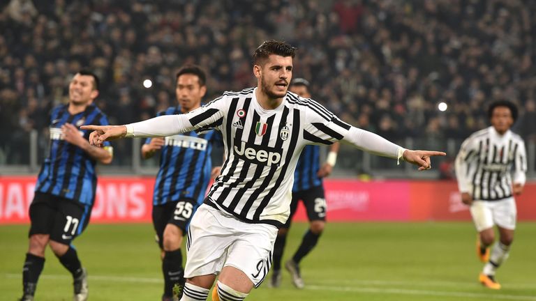 Alvaro Morata of Juventus FC celebrates after scoring the opening goal from the penalty spot 