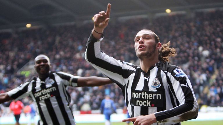Andy Carroll of Newcastle United celebrates after he scored the opening goal during the Barclays Premier League game against Chelsea on November 28, 2010