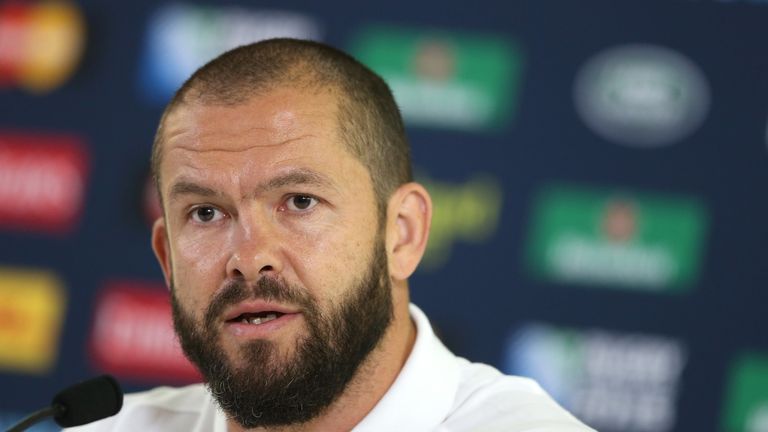 Andy Farrell, the England backs coach faces the media during the England press conference at Pennyhill Park