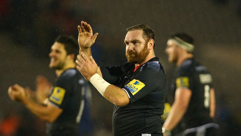 Andy Goode of Newcastle Falcon applauds the Falcons fans 