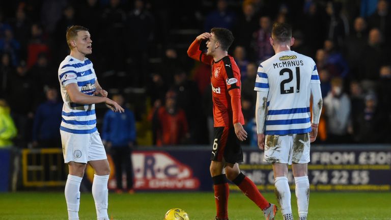 Rangers' Andy Halliday (centre) is in disbelief at the red card against Greenock Morton