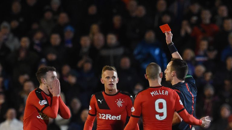 Rangers' Andy Halliday (left) is shown a red card against Greenock Morton