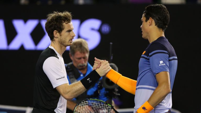 Andy Murray is congratulated by Milos Raonic after their semi-final match during day 12 of the 2016 Australian Open at Melbourne Park