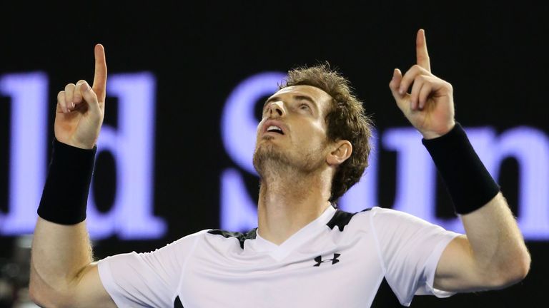 Andy Murray celebrates winning his semi-final match against Milos Raonic on day 12 of the Australian Open in Melbourne