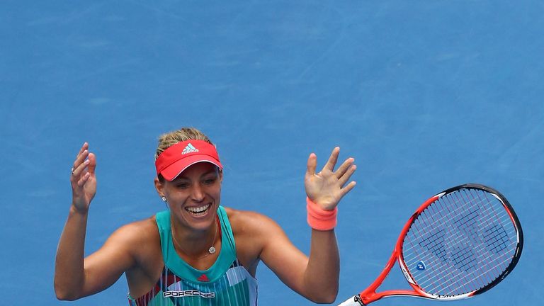 Angelique Kerber of Germany celebrates winning her quarter-final match against Victoria Azarenka of Belarus at the Australian Open