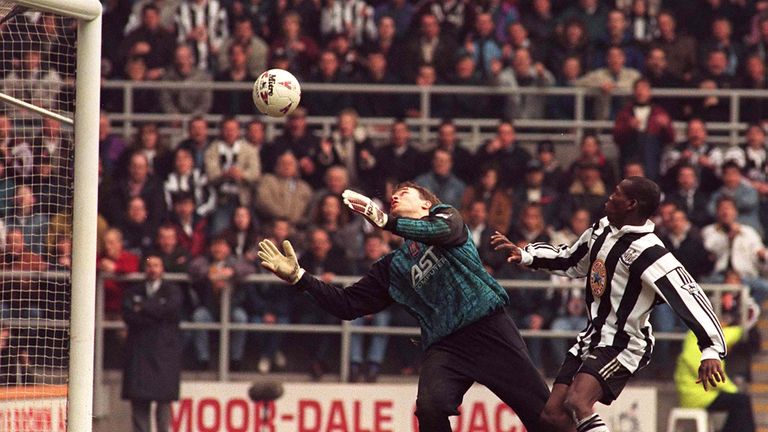 Another close effort from Faustino Asprilla of Newcastle but Aston Villa goalkeeper Mark Bosnich kept him out in April 1996