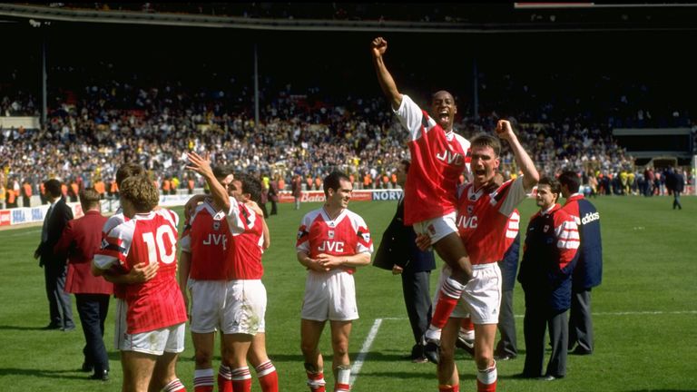 Ian Wright and Andy Linighan celebrate their victory over Tottenham  in the FA Cup semi-final at Wembley