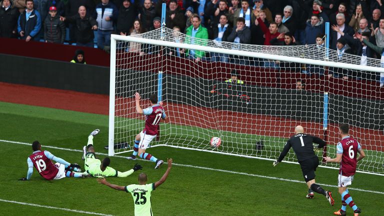 Kelechi Iheanacho (2nd L) of Manchester City scores his team's first goal against Aston Villa