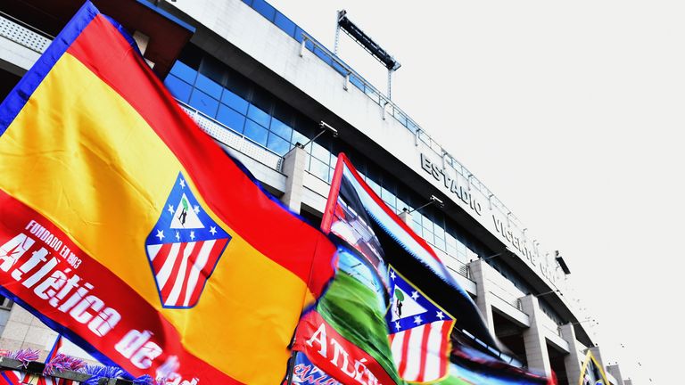 flags fly outside the stadium prior to the Champions League round of 16 match between Club Atletico de Madrid and Bayer Leverkusen at Vicente Calderon