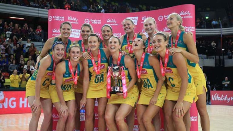 Australia's captain Clare McMeniman (centre) with the trophy after winning International Netball Series against England (picture: Press Association)
