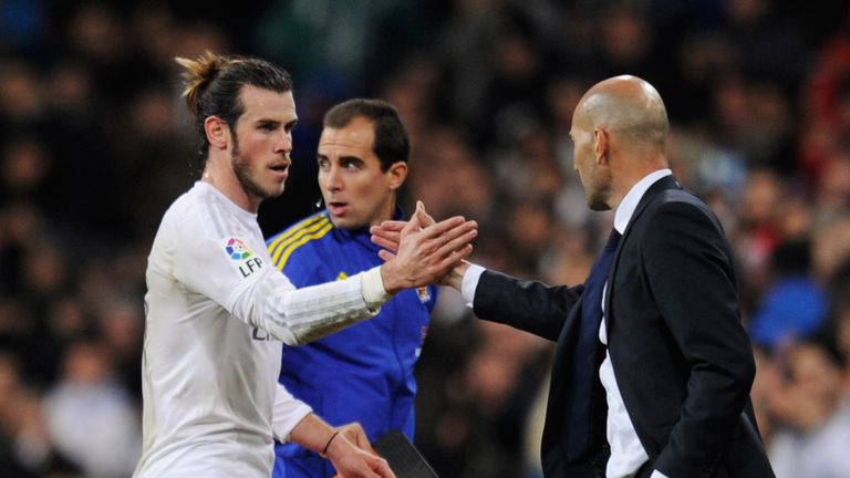 Hat-trick hero Bale is congratulated by new boss Zinedine Zidane