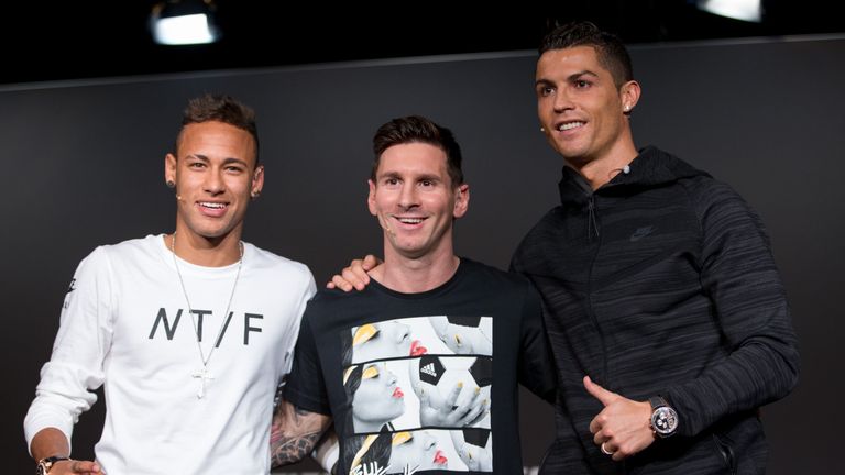 FIFA Ballon d'Or nominees Neymar Jr of Brazil and FC Barcelona (L), Lionel Messi of Argentina and FC Barcelona (C) and Cristiano Ronaldo