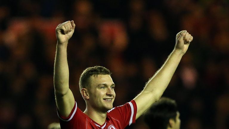  Ben Gibson of Middlesbrough celebrates victory over Derby