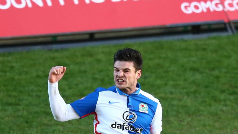 Ben Marshall of Blackburn Rovers celebrates scoring his team's first goal during The Emirates FA Cup fourth round match against Oxford United