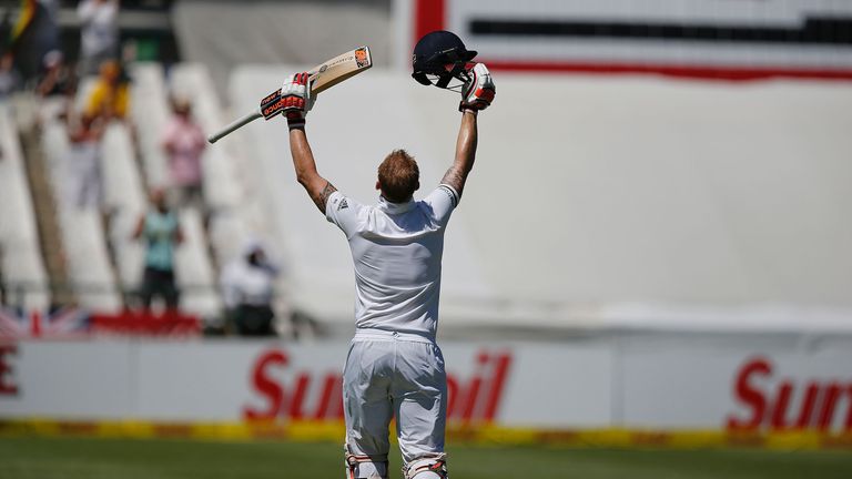 Ben Stokes celebrates scoring a century during day two of the second Test match between South Africa and England