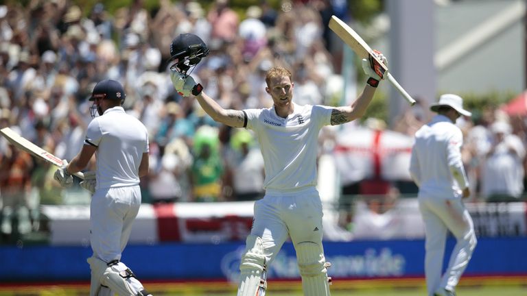 England's batsman Ben Stokes celebrates scoring a double century