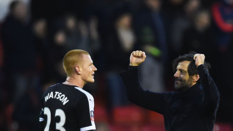 Ben Watson and manager Quique Sanchez Flores celebrate Watford's late win at Forest