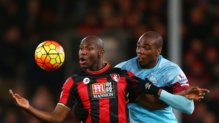 Benik Afobe of Bournemouth holds off Angelo Ogbonna Obinza of West Ham United