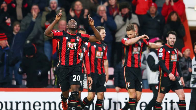 BOURNEMOUTH, ENGLAND - JANUARY 16: Benik Afobe of Bournemouth celebrates scoring his team's third goal during the Barclays Premier League match between A.F