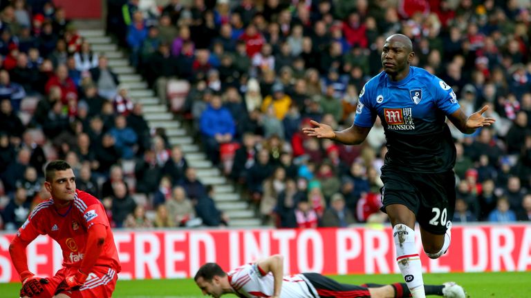 Benik Afobe celebrates scoring Bournemouth's first goal against Sunderland