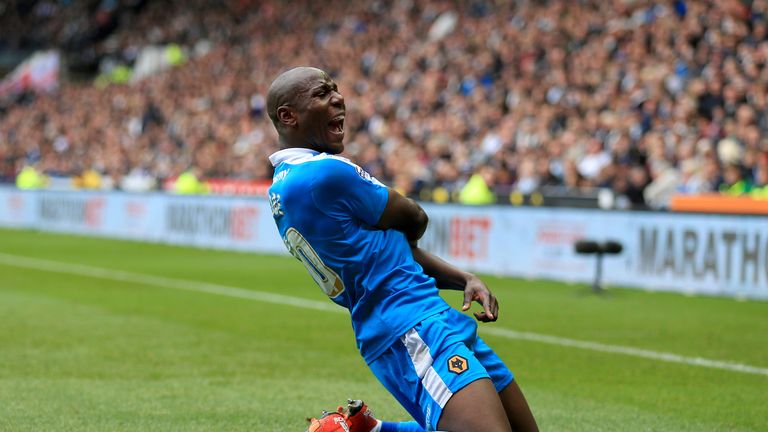 Afobe celebrates a goal at Derby earlier this season