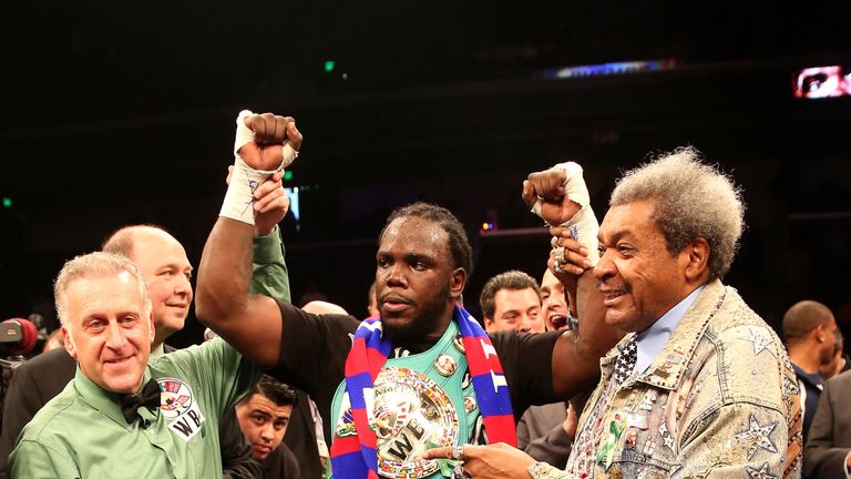LOS ANGELES, CA - MAY 10:  Bermane Stiverne (C) referee Jack Reiss (L) and promoter Don King pose for photos after Stiverne defeated Chris Arreola in their
